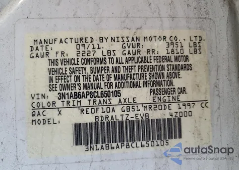 2012 Nissan Sentra 2.0 z USA, uszkodzony, nr VIN 3N1AB6AP8CL650105